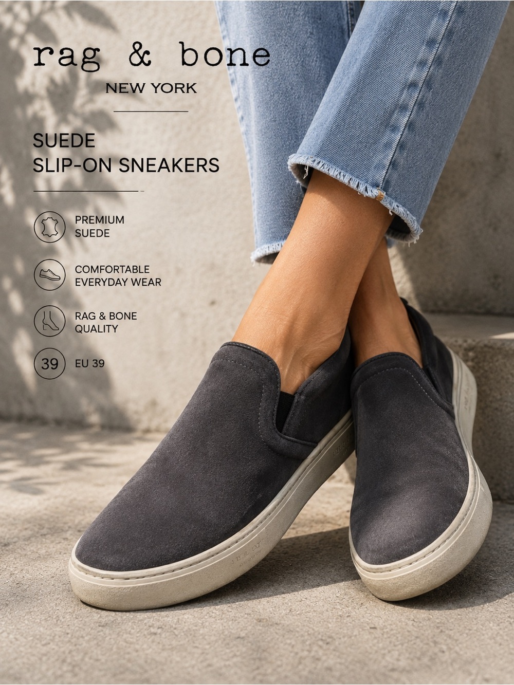 Rag & Bone Charcoal Suede Slip-On Sneakers Size 39